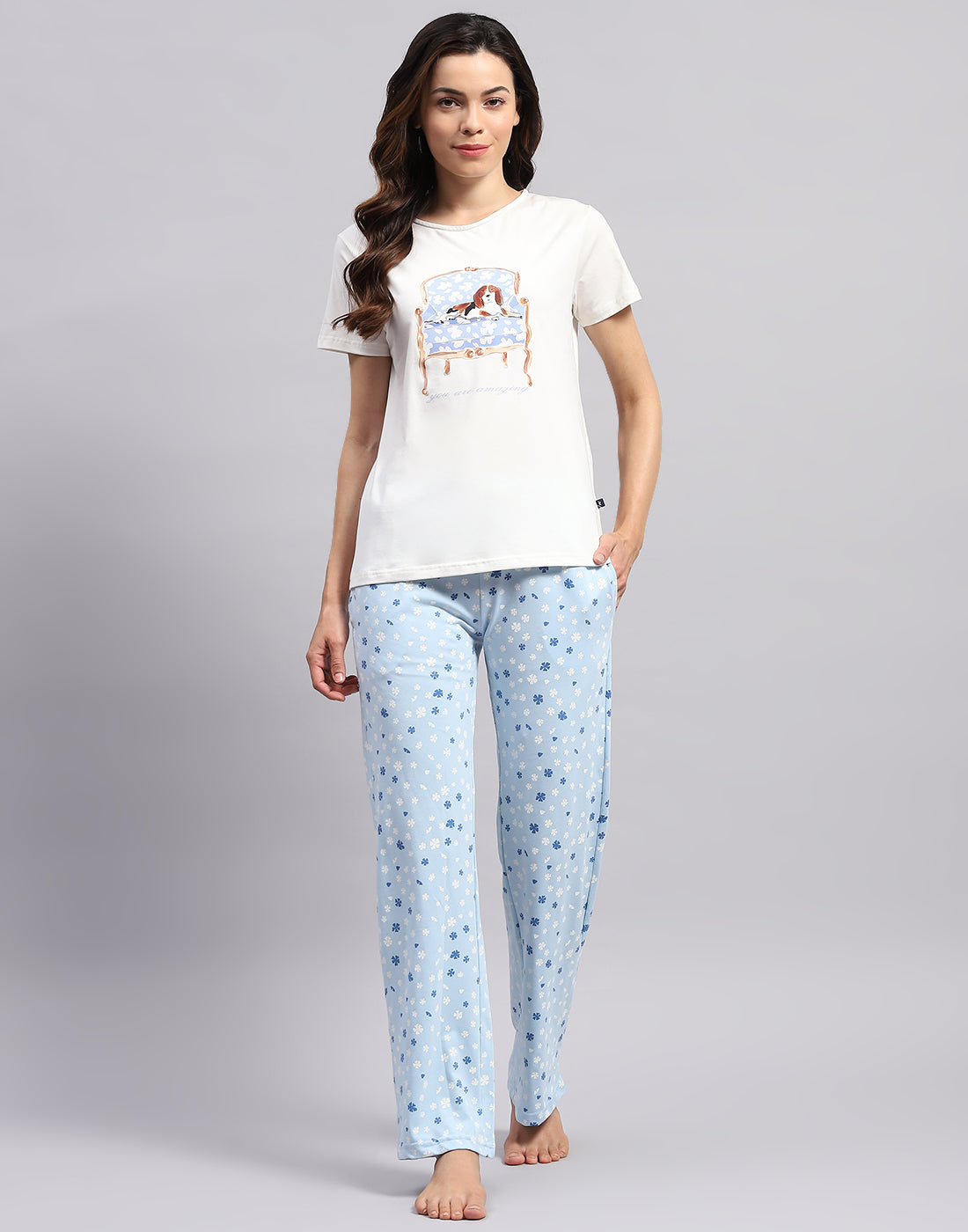 Women White & Sky Blue Printed Round Neck Half Sleeve Lower Set