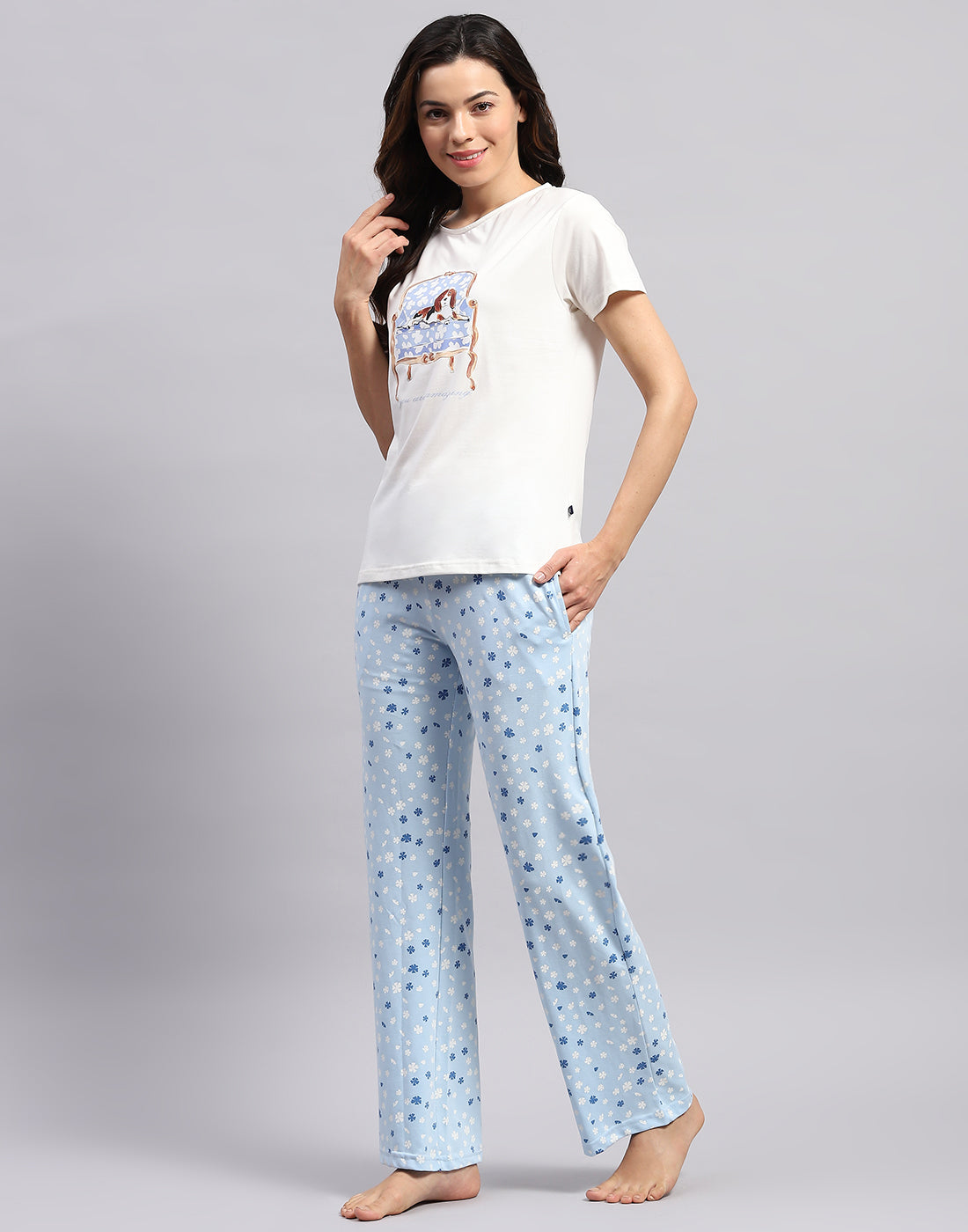 Women White & Sky Blue Printed Round Neck Half Sleeve Lower Set