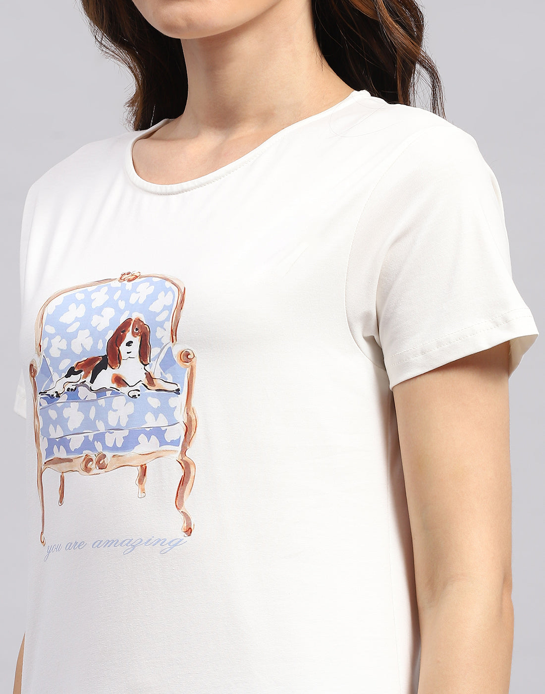 Women White & Sky Blue Printed Round Neck Half Sleeve Lower Set