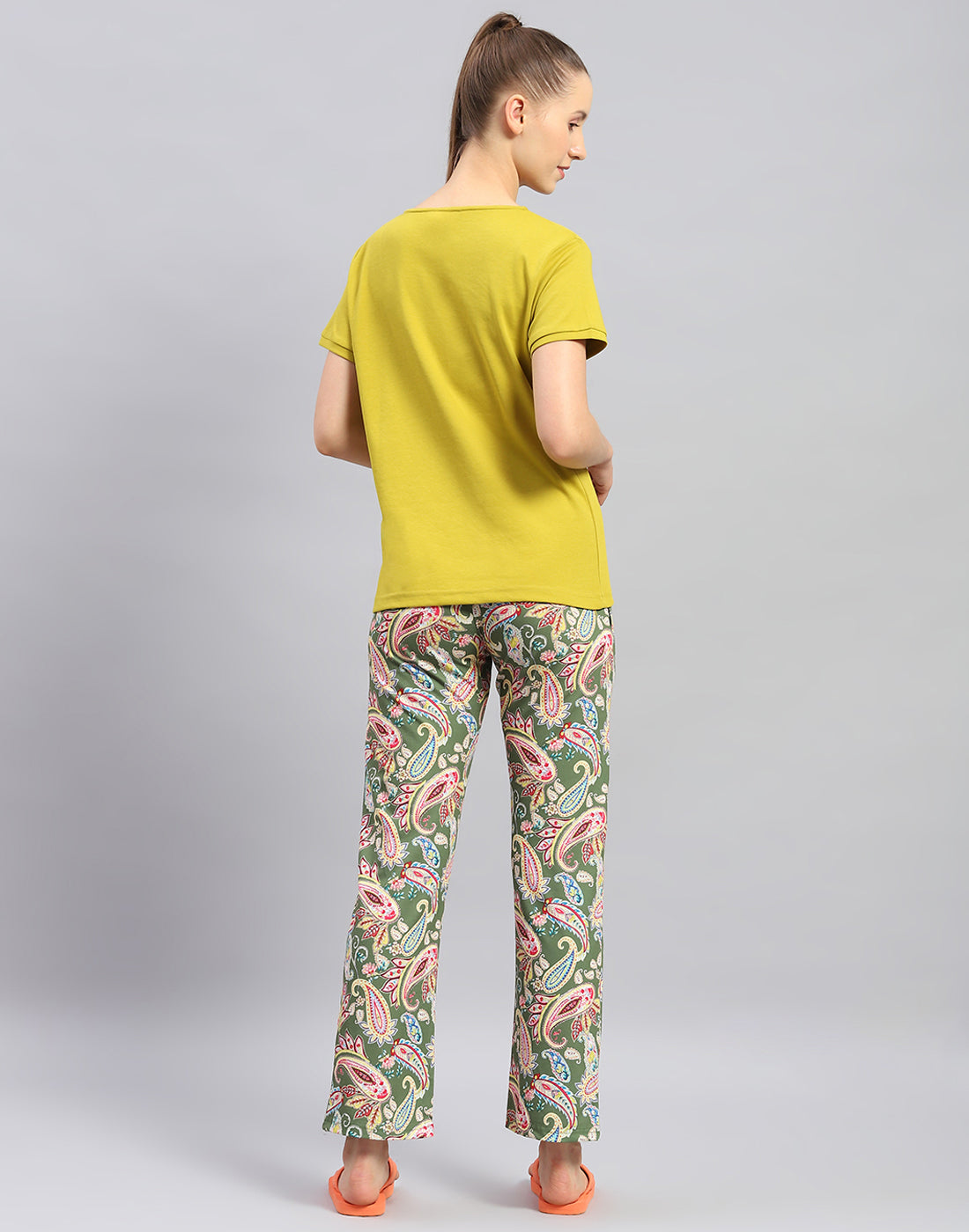 Women Mustard Printed Round Neck Half Sleeve Lower Set