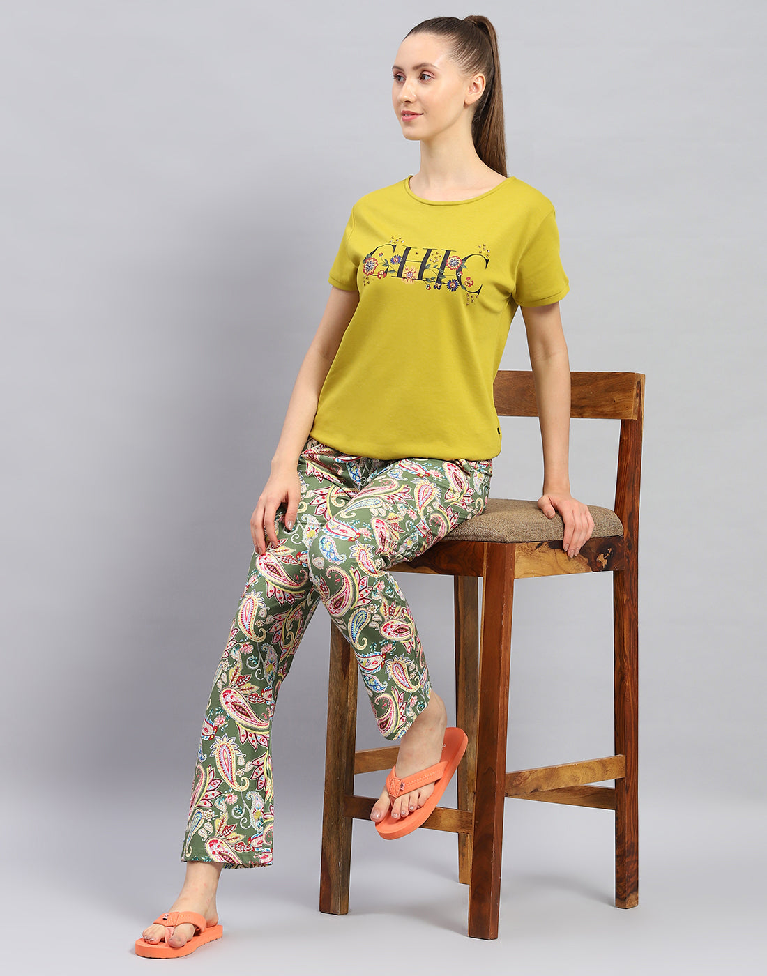 Women Mustard Printed Round Neck Half Sleeve Lower Set