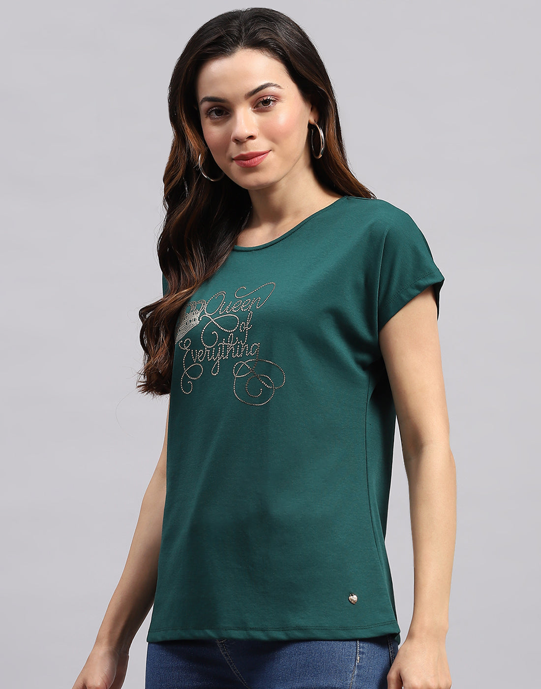 Women Green Printed Round Neck Half Sleeve Top