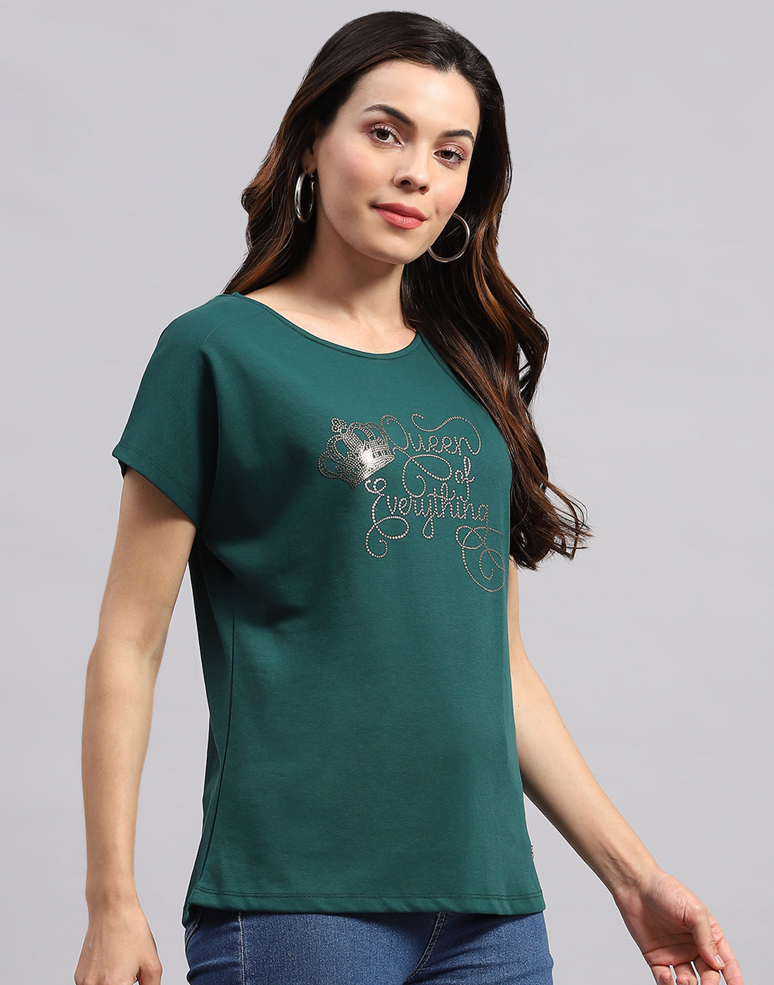 Women Green Printed Round Neck Half Sleeve Top