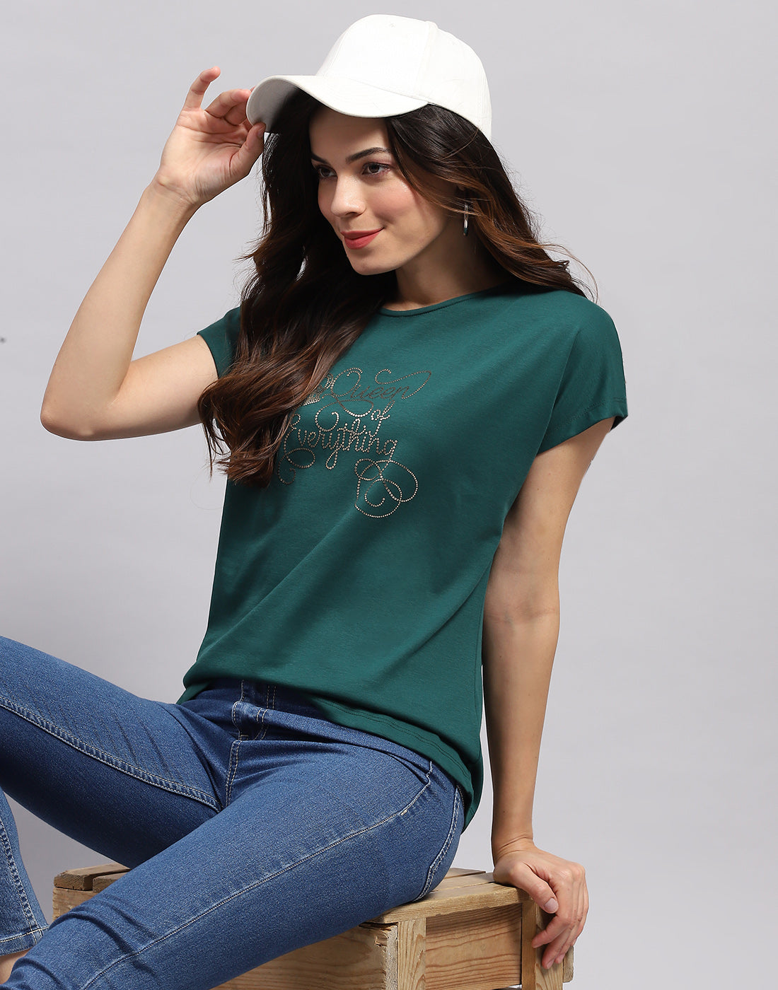 Women Green Printed Round Neck Half Sleeve Top