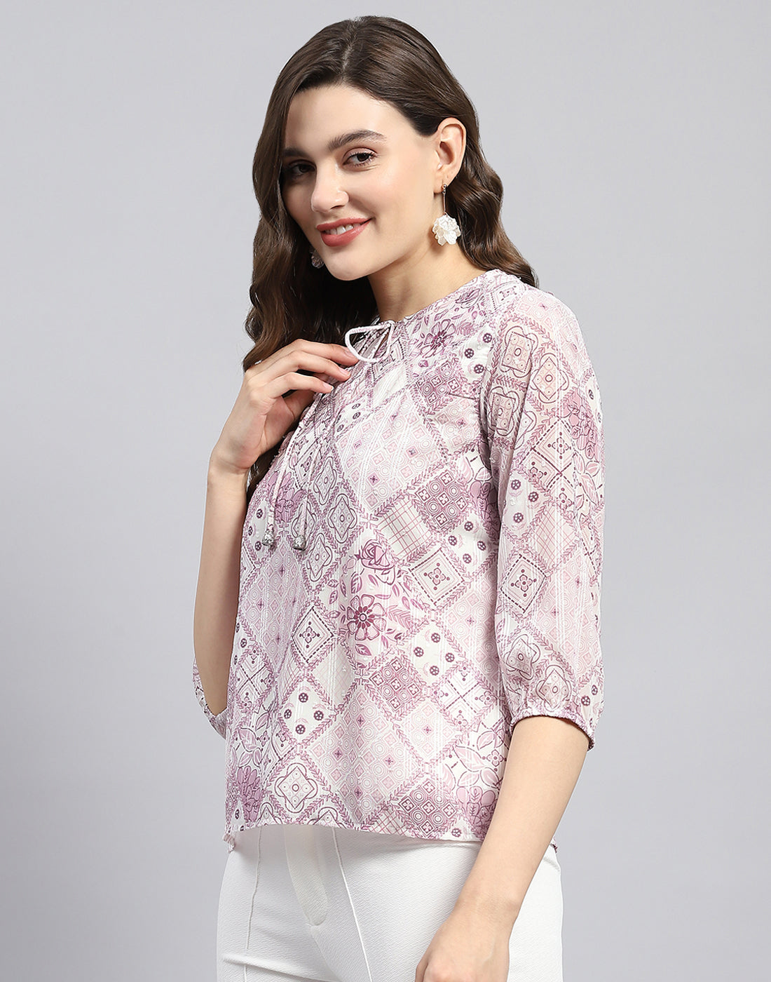 Women Purple Printed Round Neck Full Sleeve Top