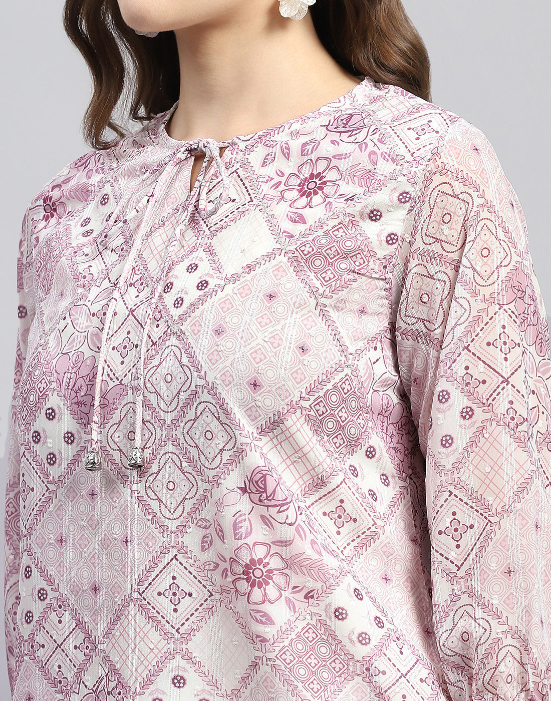 Women Purple Printed Round Neck Full Sleeve Top