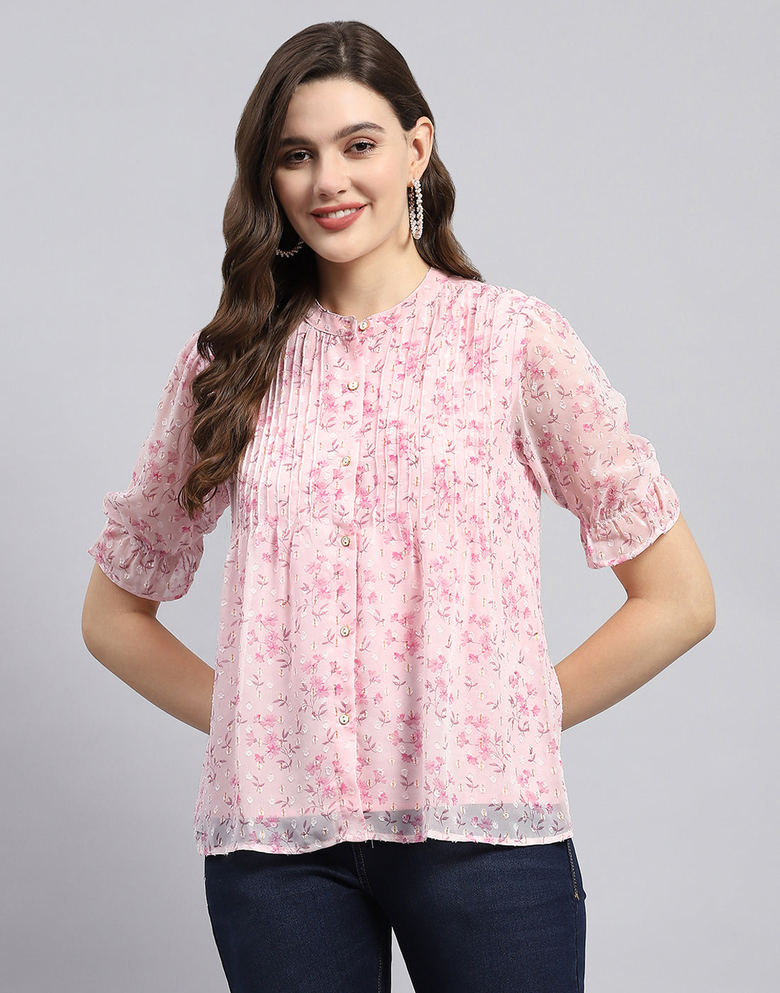 Women Pink Printed Mandarin Neck Half Sleeve Top