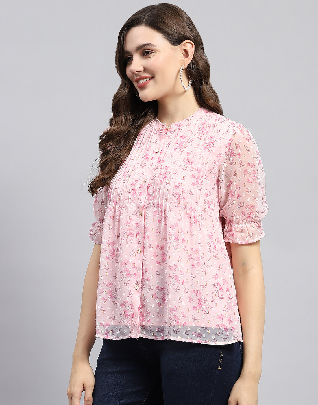 Women Pink Printed Mandarin Neck Half Sleeve Top