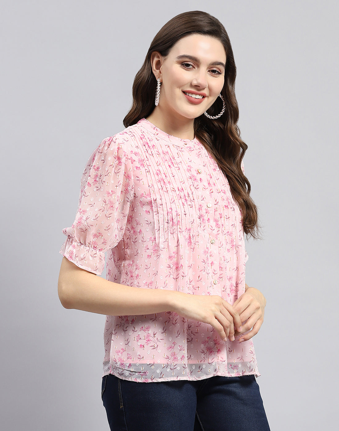 Women Pink Printed Mandarin Neck Half Sleeve Top