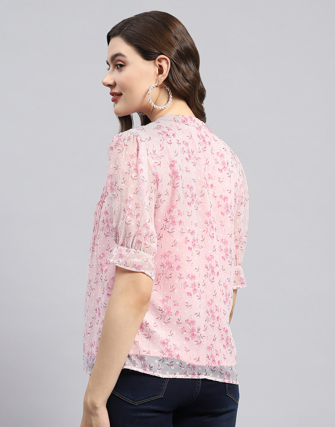 Women Pink Printed Mandarin Neck Half Sleeve Top