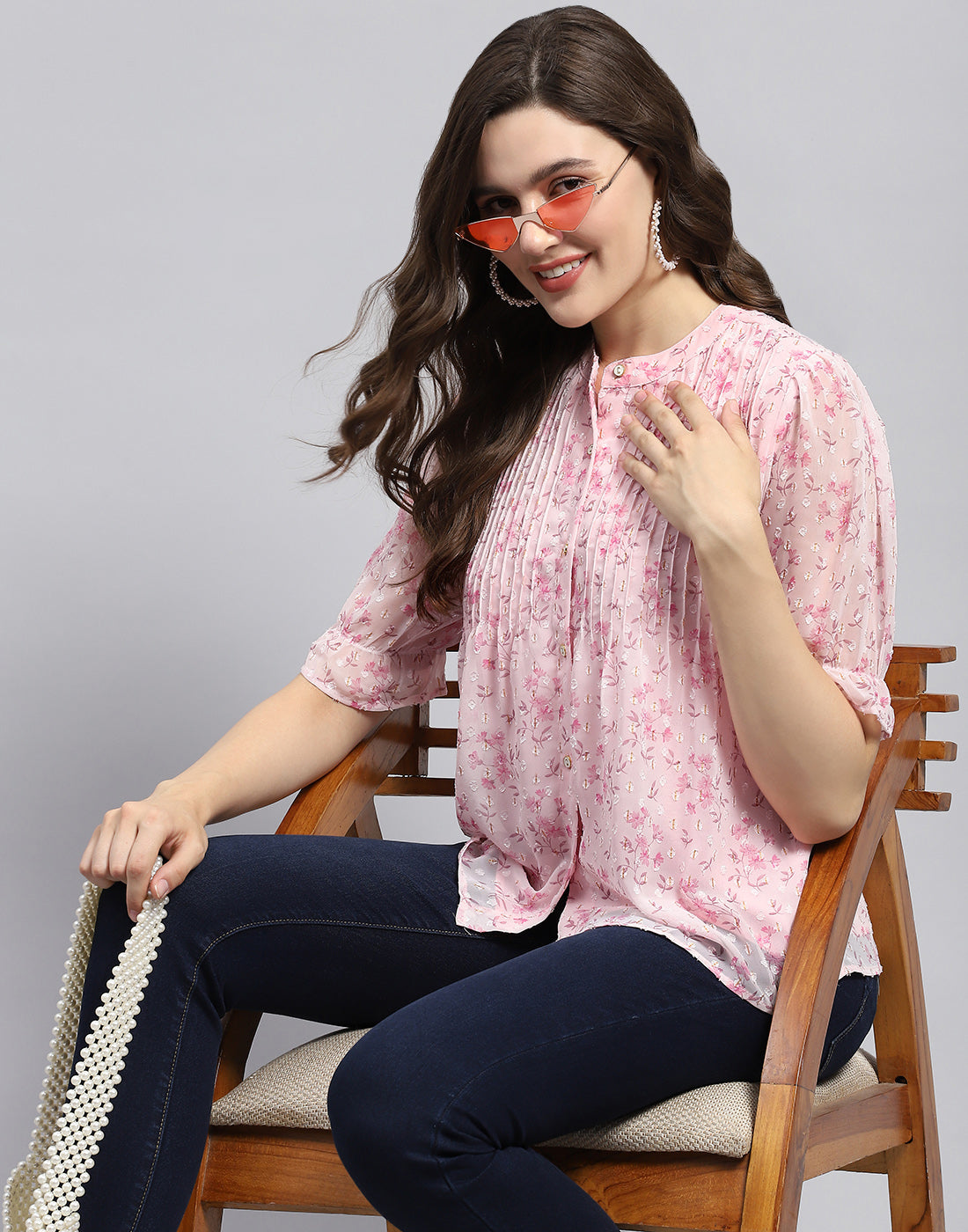 Women Pink Printed Mandarin Neck Half Sleeve Top