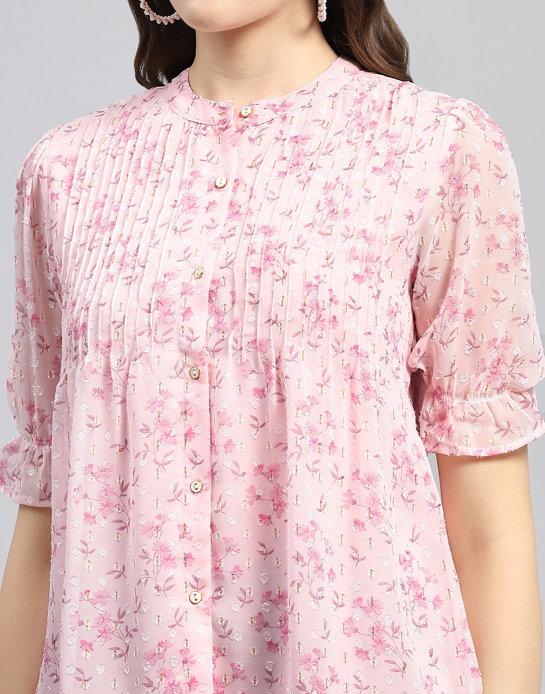 Women Pink Printed Mandarin Neck Half Sleeve Top