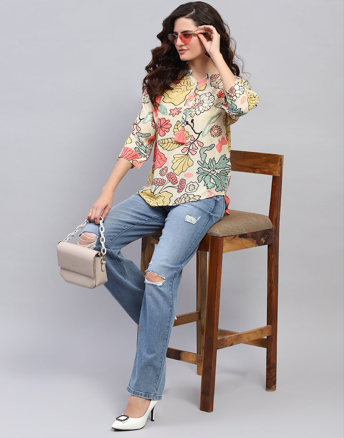 Women Beige Printed Fashion Neck 3/4 Sleeve Top