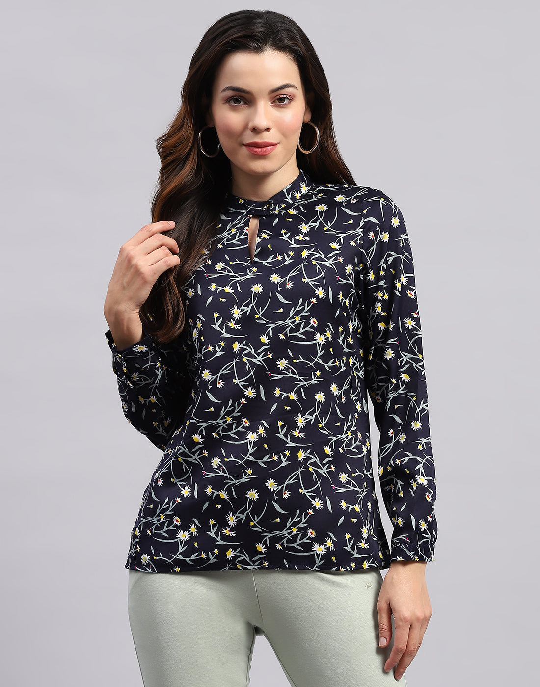 Women Navy Blue Printed Band Collar Full Sleeve Top