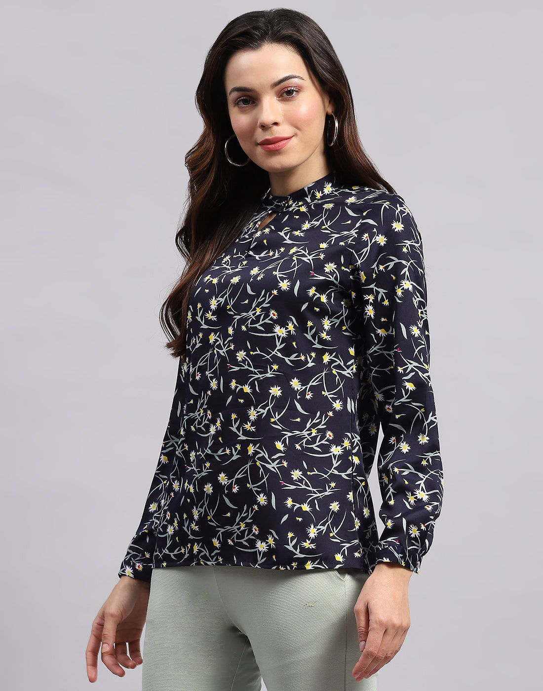 Women Navy Blue Printed Band Collar Full Sleeve Top