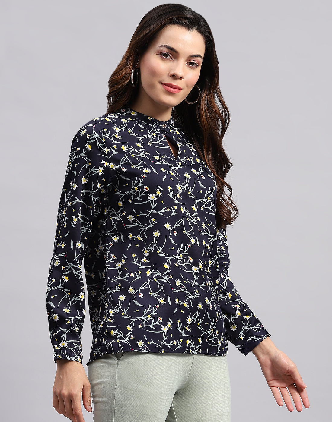 Women Navy Blue Printed Band Collar Full Sleeve Top