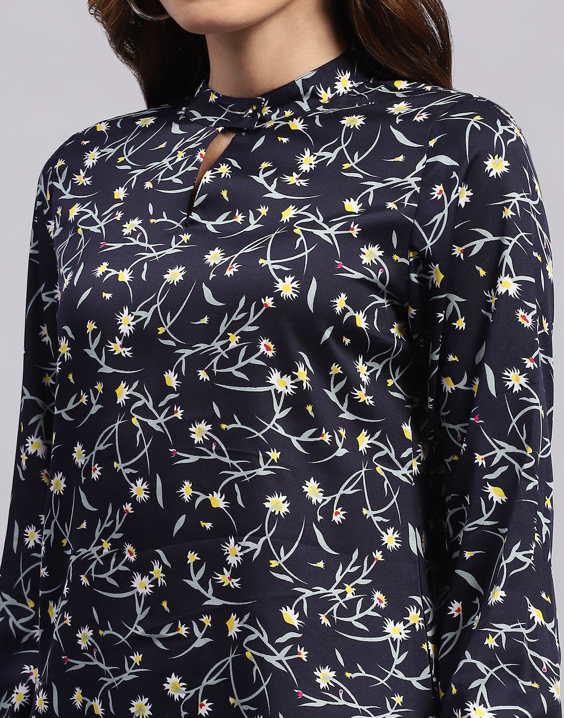 Women Navy Blue Printed Band Collar Full Sleeve Top