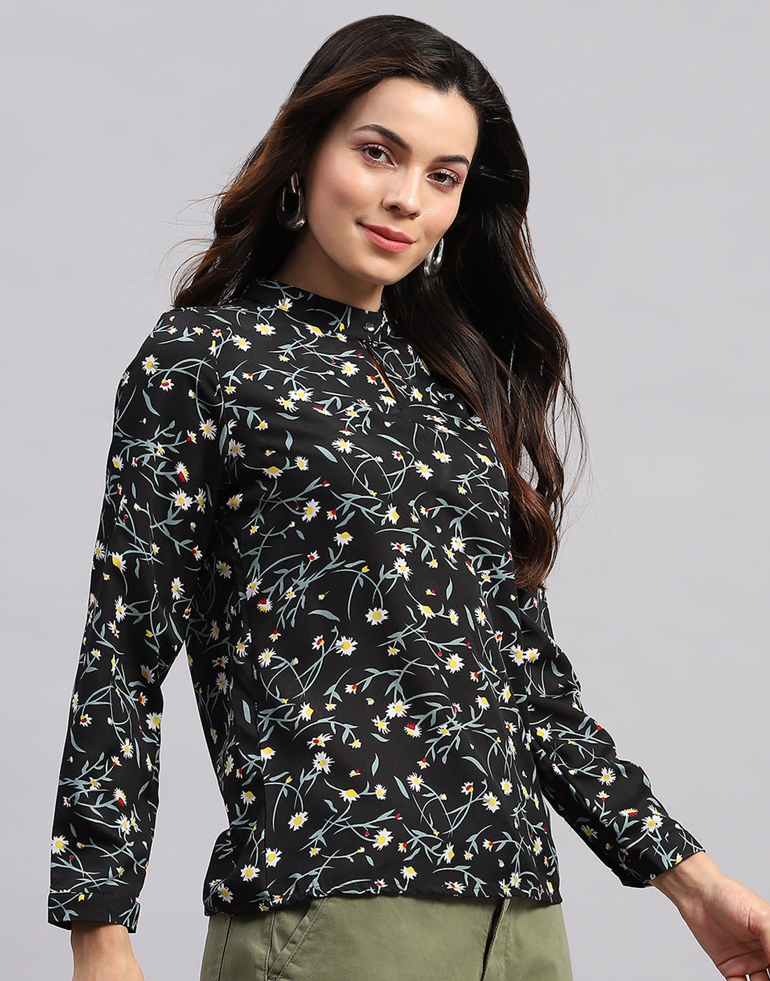 Women Black Printed Band Collar Full Sleeve Top