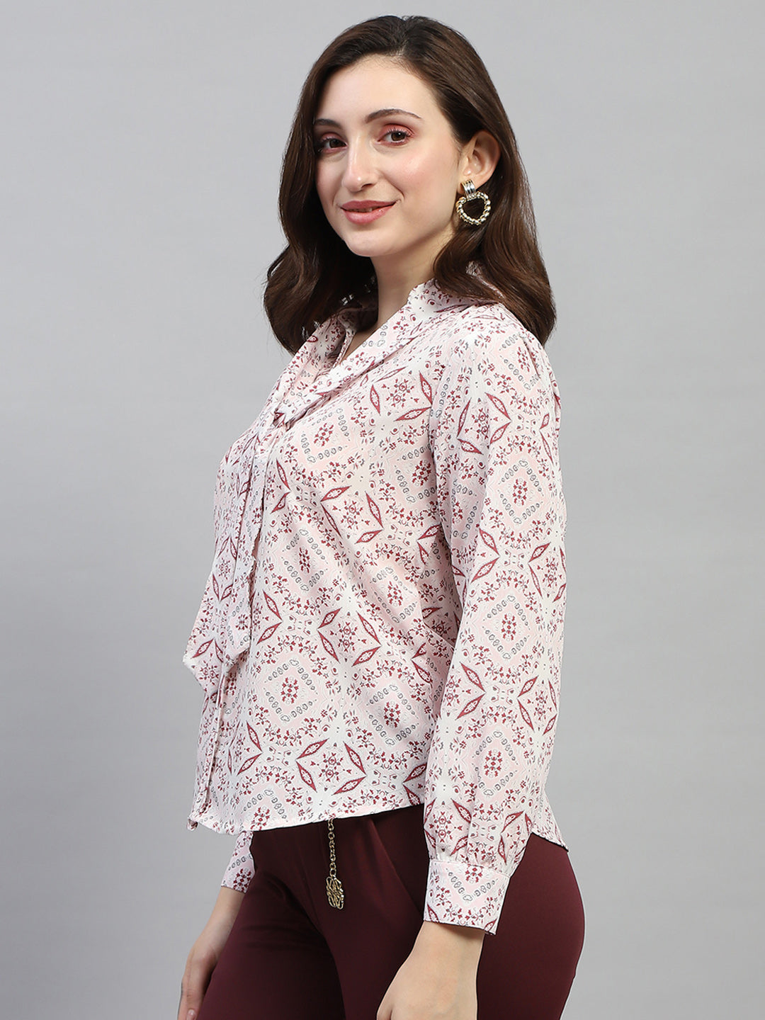 Women Pink Printed Collar Full Sleeve Top