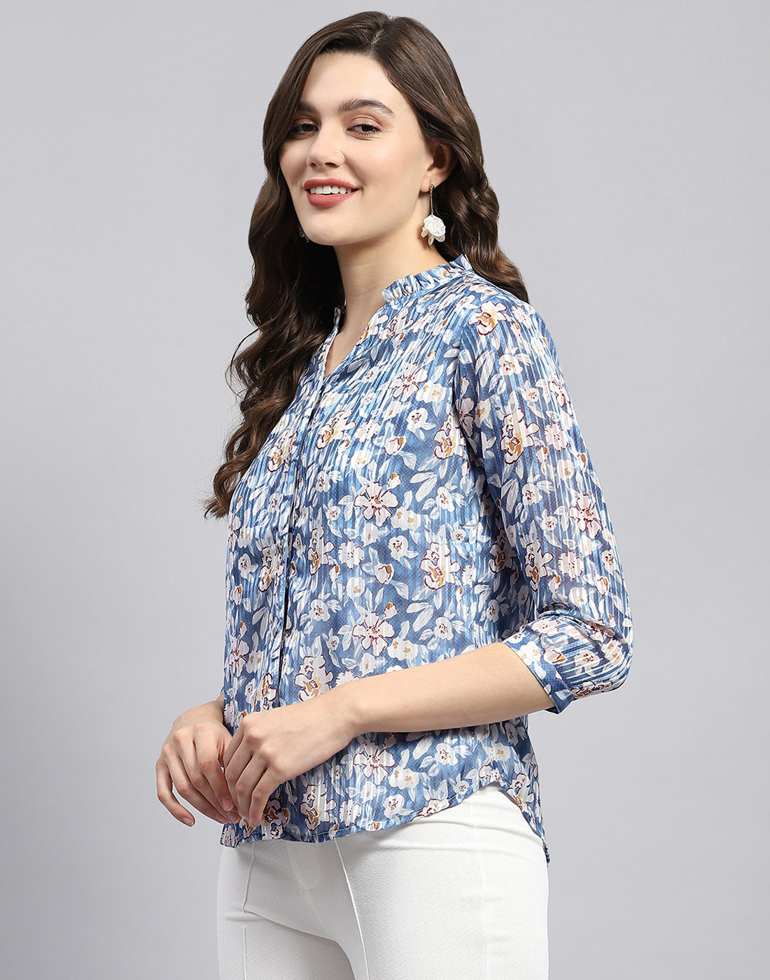 Women Blue Printed Mandarin Neck Half Sleeve Top