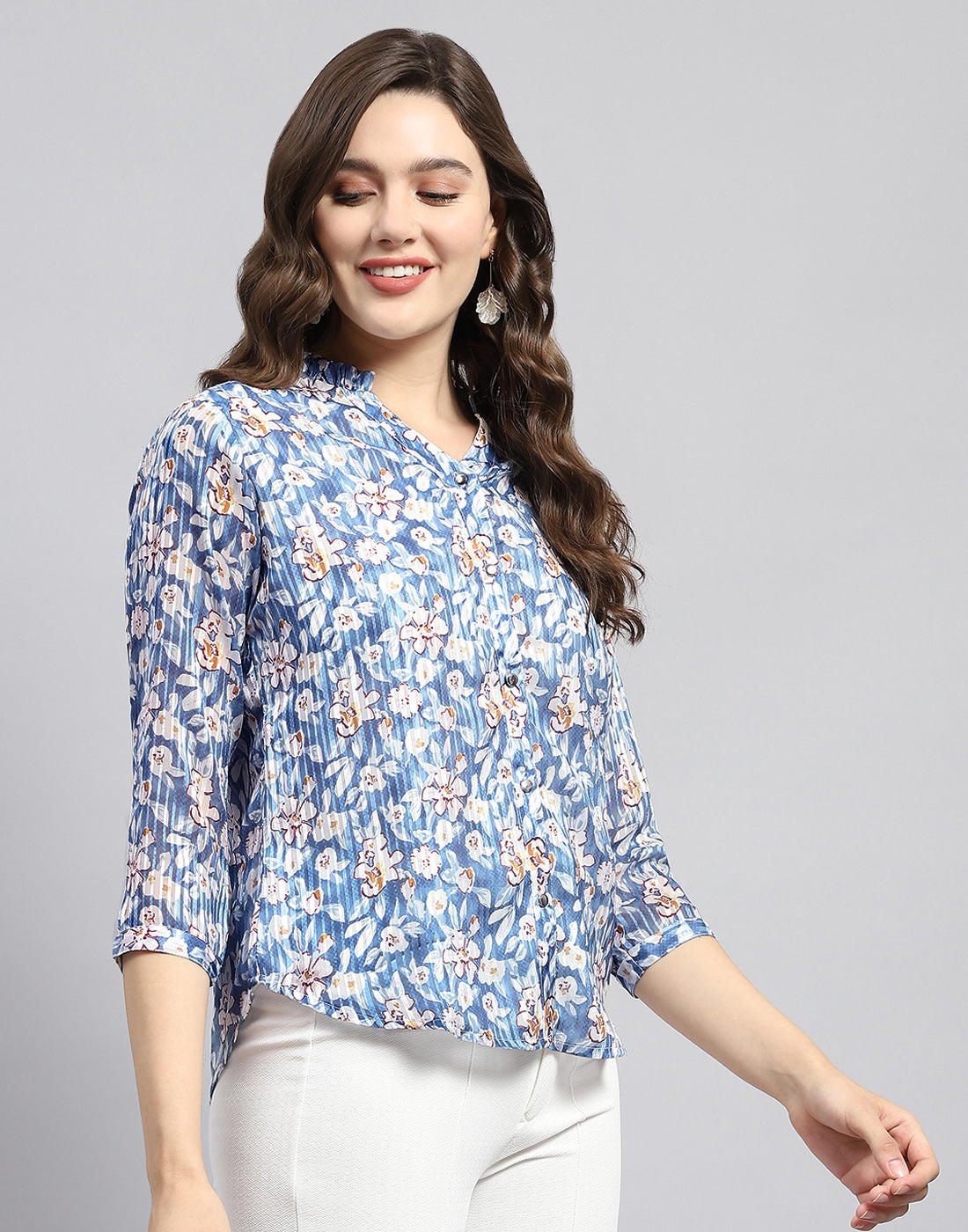 Women Blue Printed Mandarin Neck Half Sleeve Top