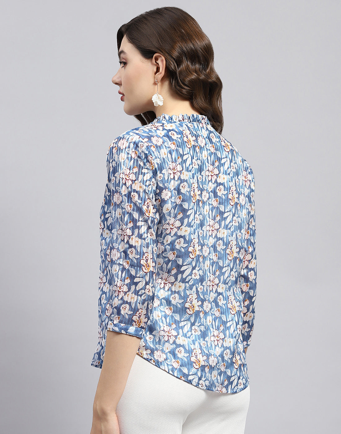 Women Blue Printed Mandarin Neck Half Sleeve Top