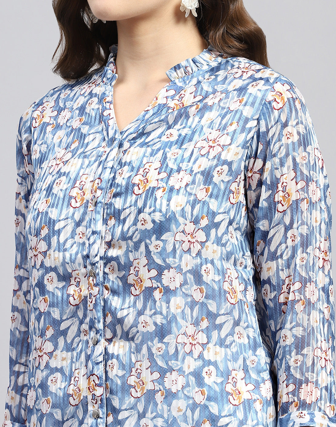 Women Blue Printed Mandarin Neck Half Sleeve Top