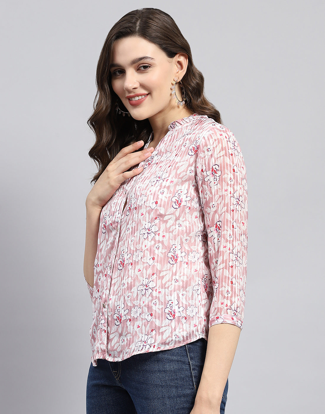 Women Pink Printed Mandarin Neck 3/4 Sleeve Top