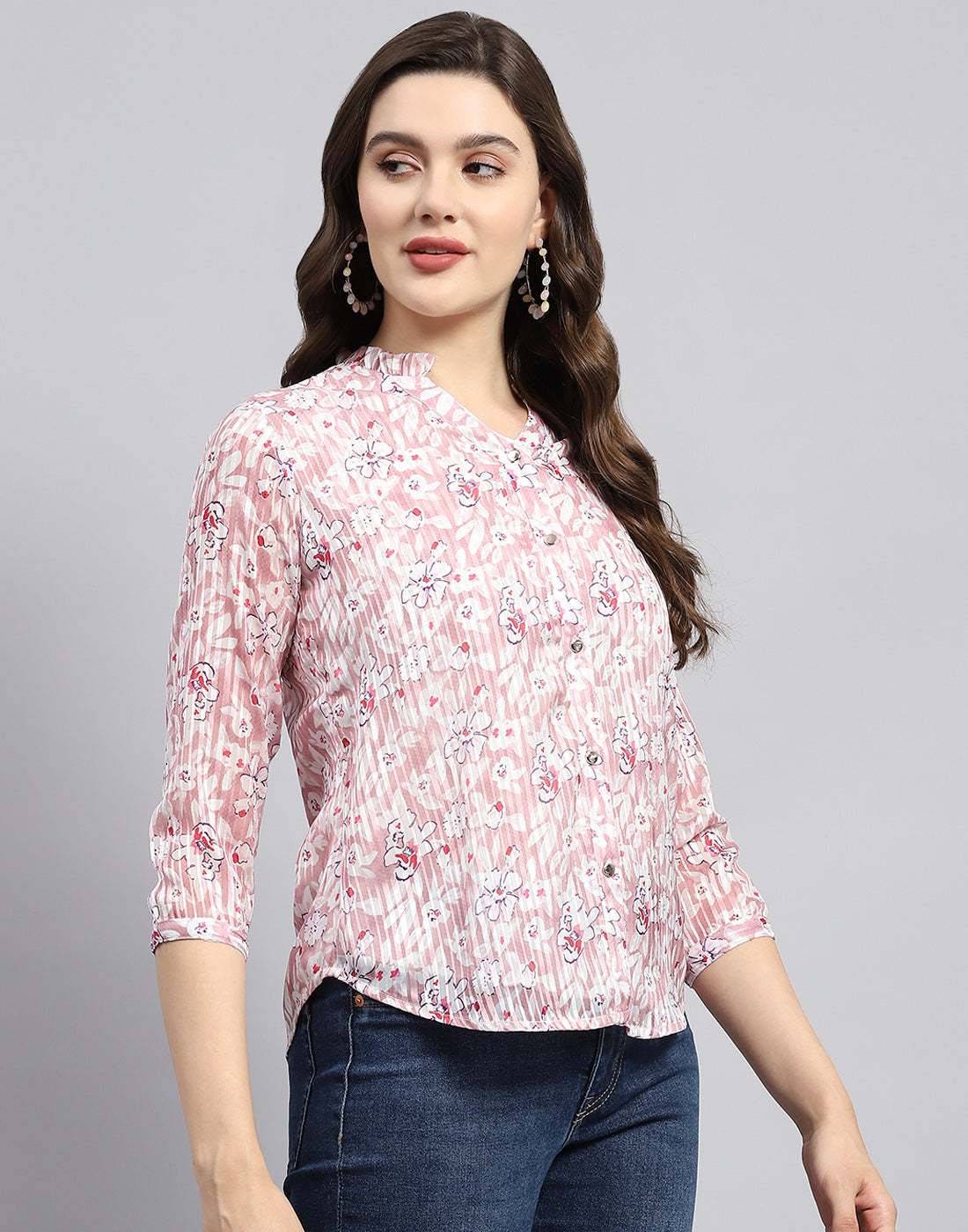 Women Pink Printed Mandarin Neck 3/4 Sleeve Top