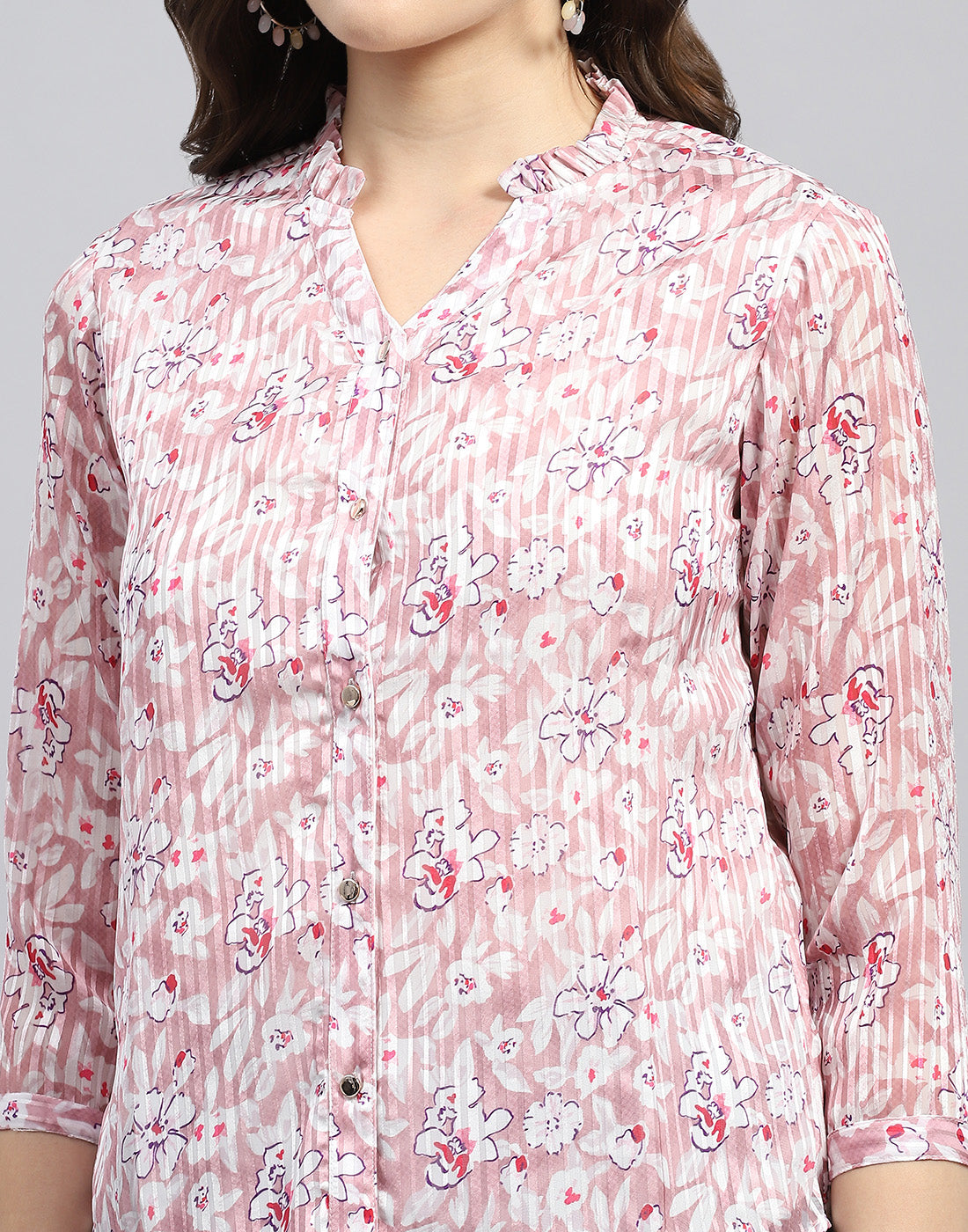 Women Pink Printed Mandarin Neck 3/4 Sleeve Top