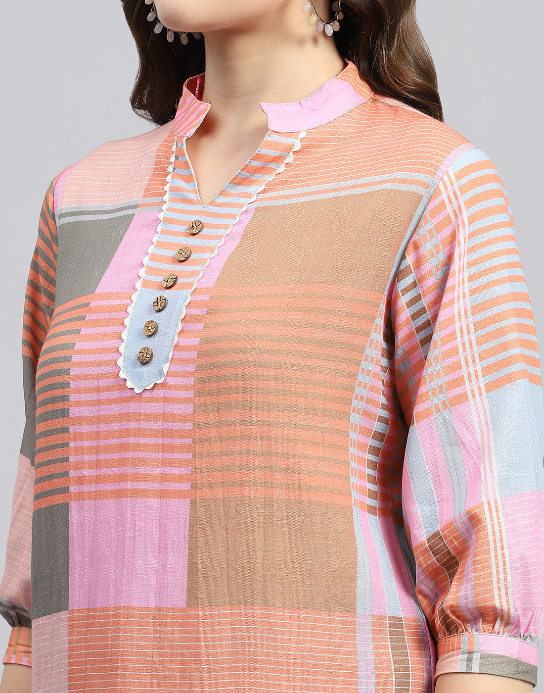 Women Orange Check Mandarin Neck 3/4 Sleeve Top