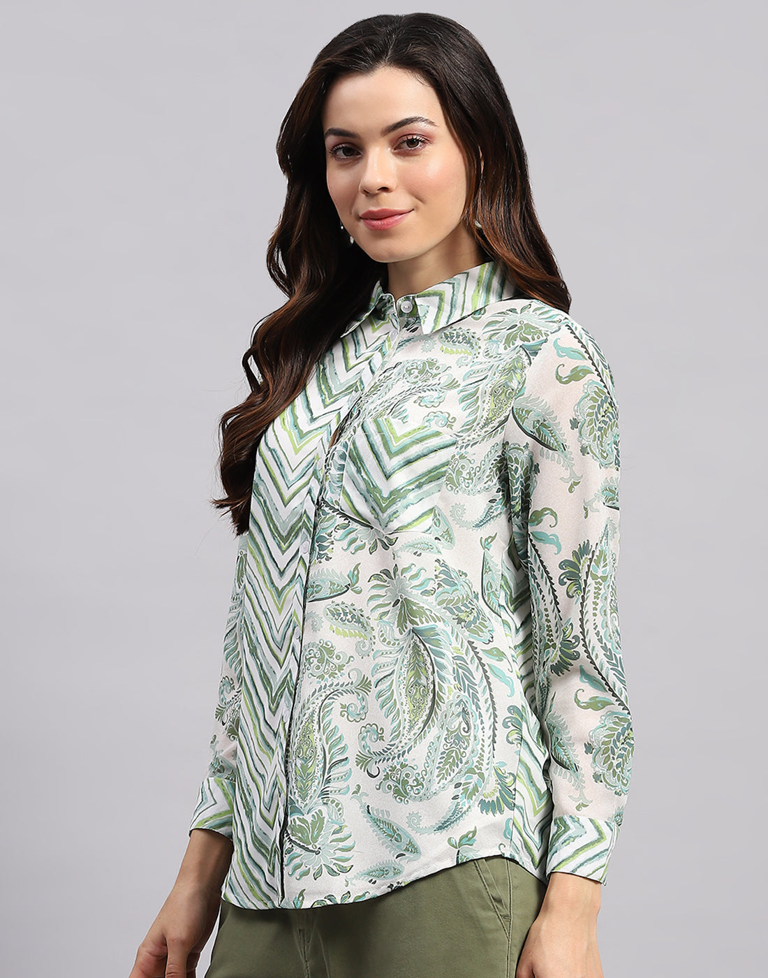 Women Green Printed Collar Full Sleeve Top