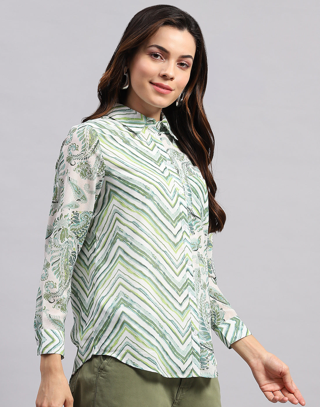 Women Green Printed Collar Full Sleeve Top