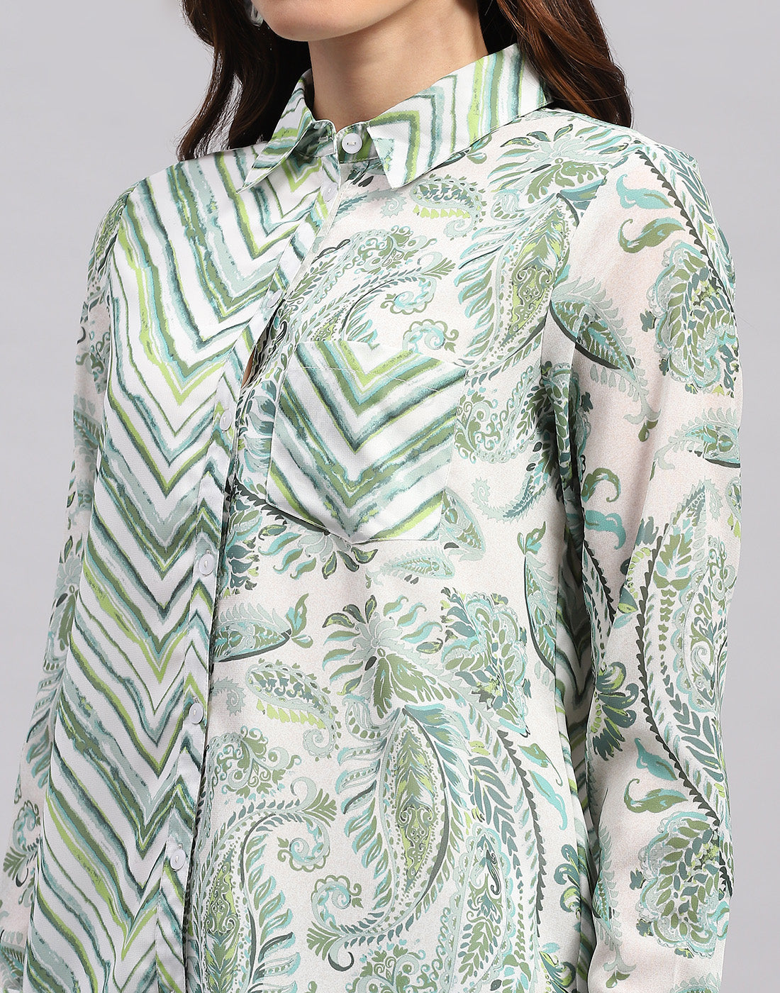 Women Green Printed Collar Full Sleeve Top