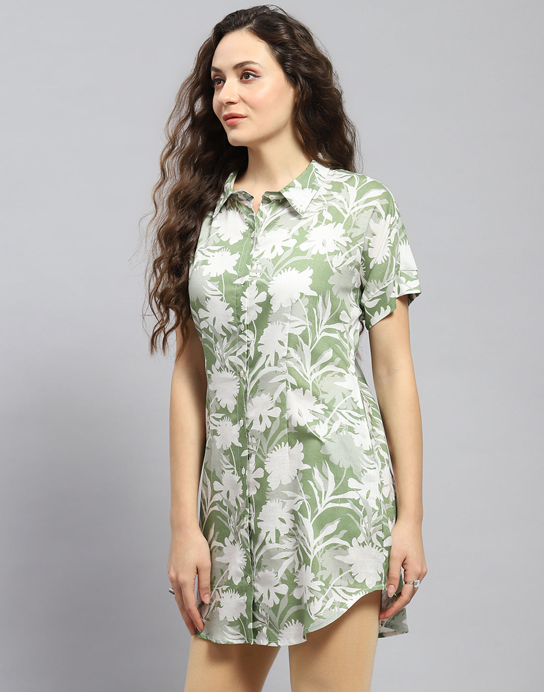 Women Green Printed Collar Half Sleeve Tunic