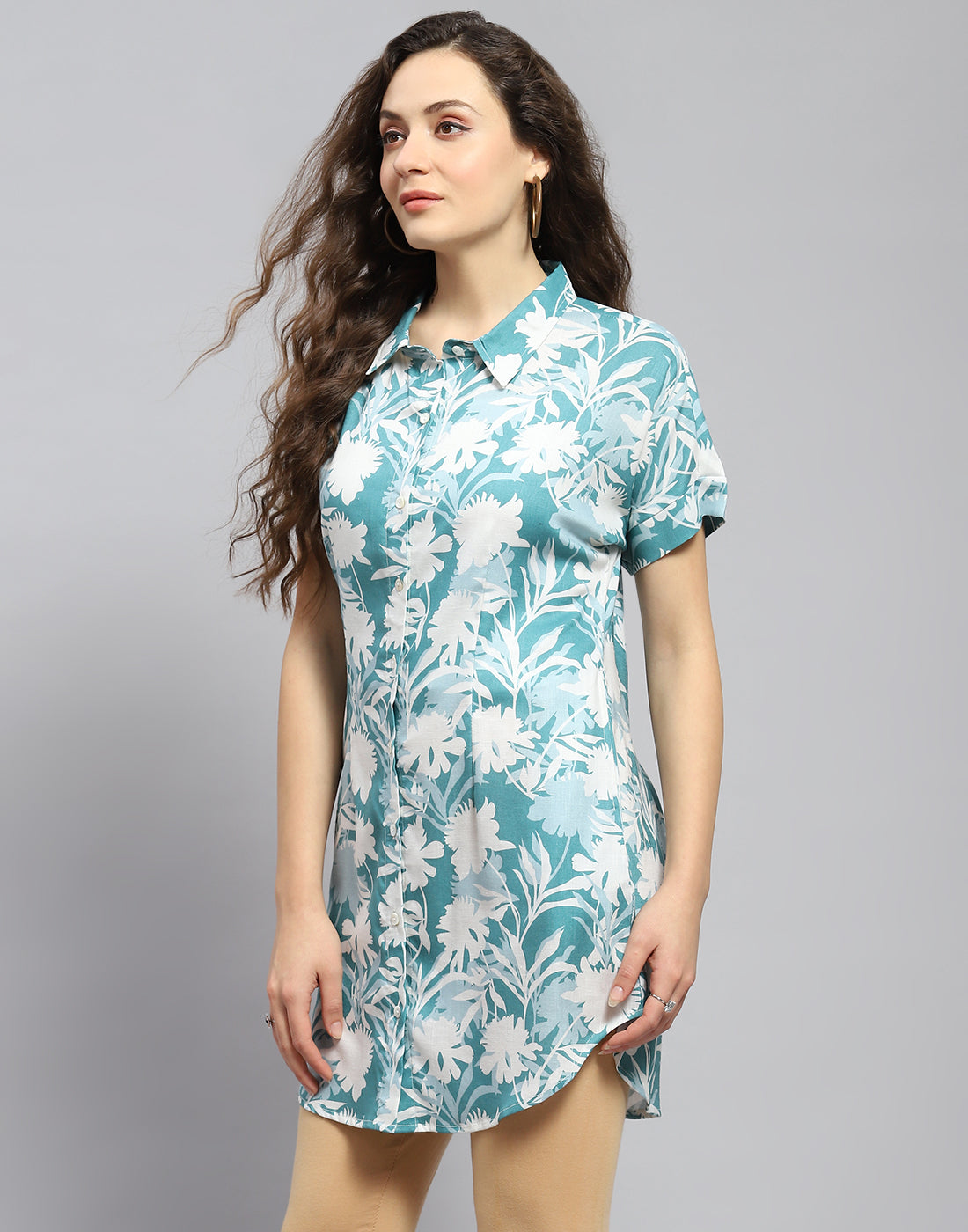 Women Blue Printed Collar Half Sleeve Tunic