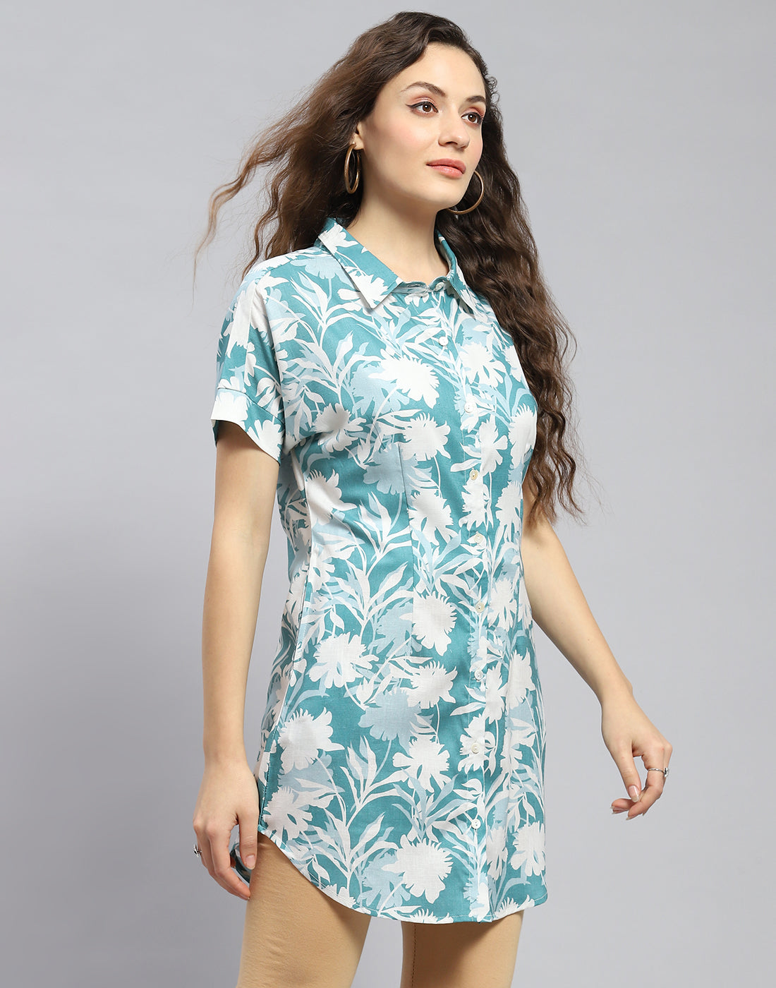 Women Blue Printed Collar Half Sleeve Tunic