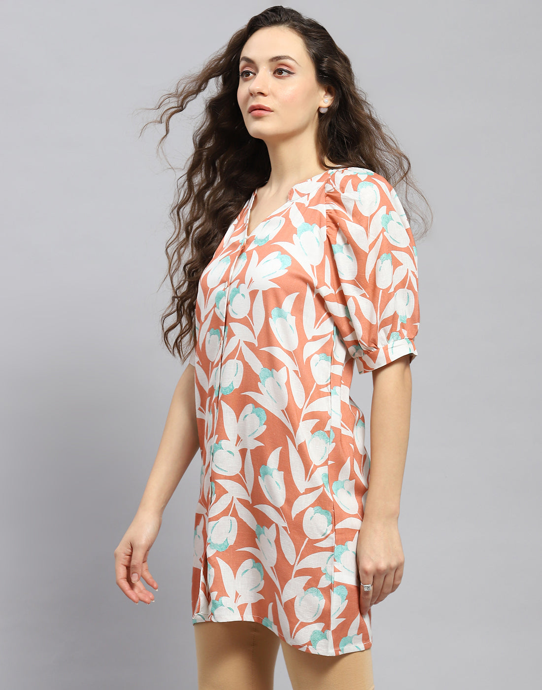 Women Rust Printed Mandarin Collar Short Sleeve Tunic