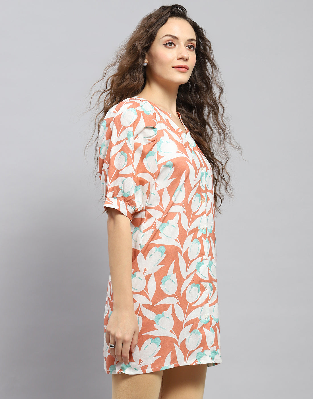 Women Rust Printed Mandarin Collar Short Sleeve Tunic