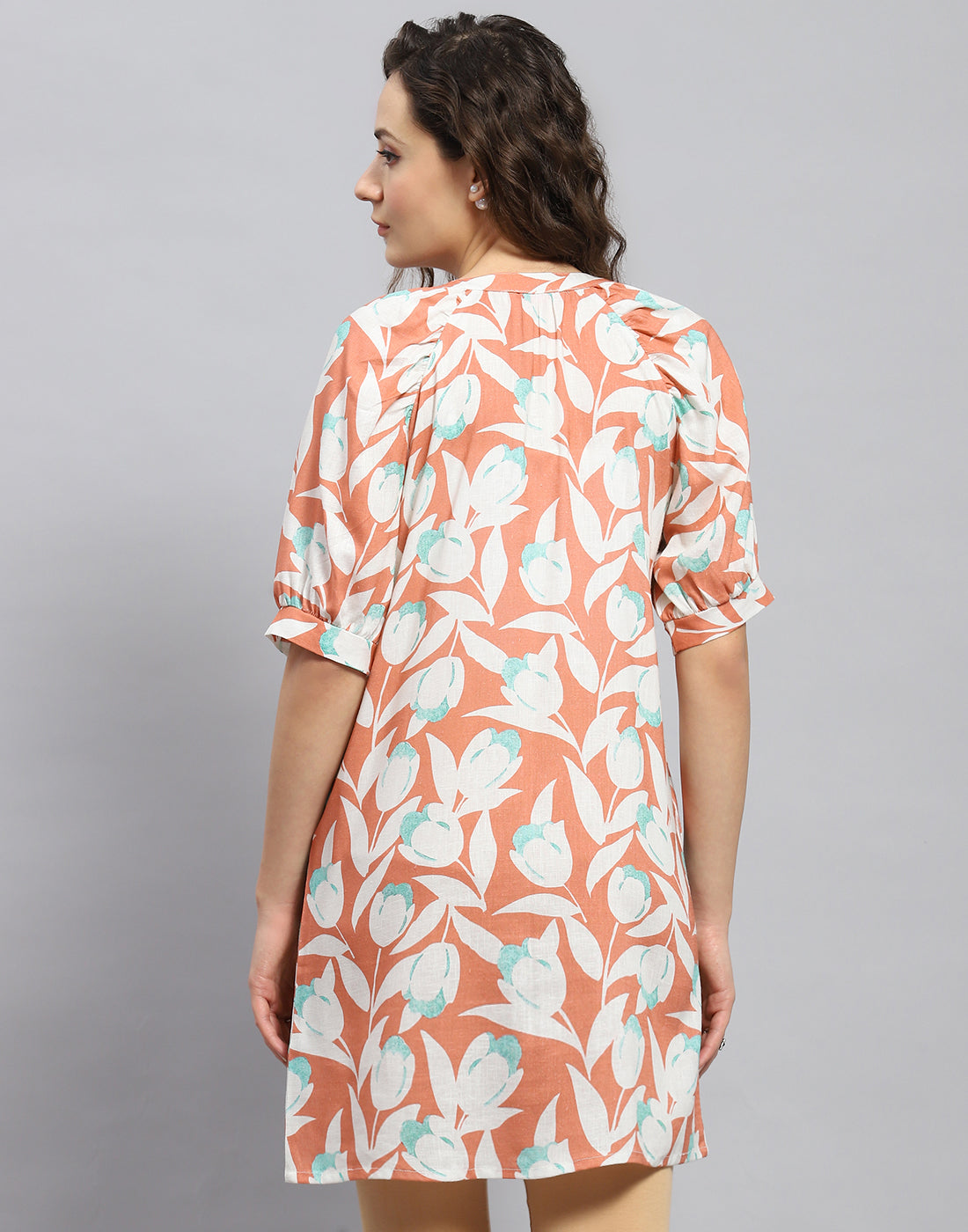 Women Rust Printed Mandarin Collar Short Sleeve Tunic