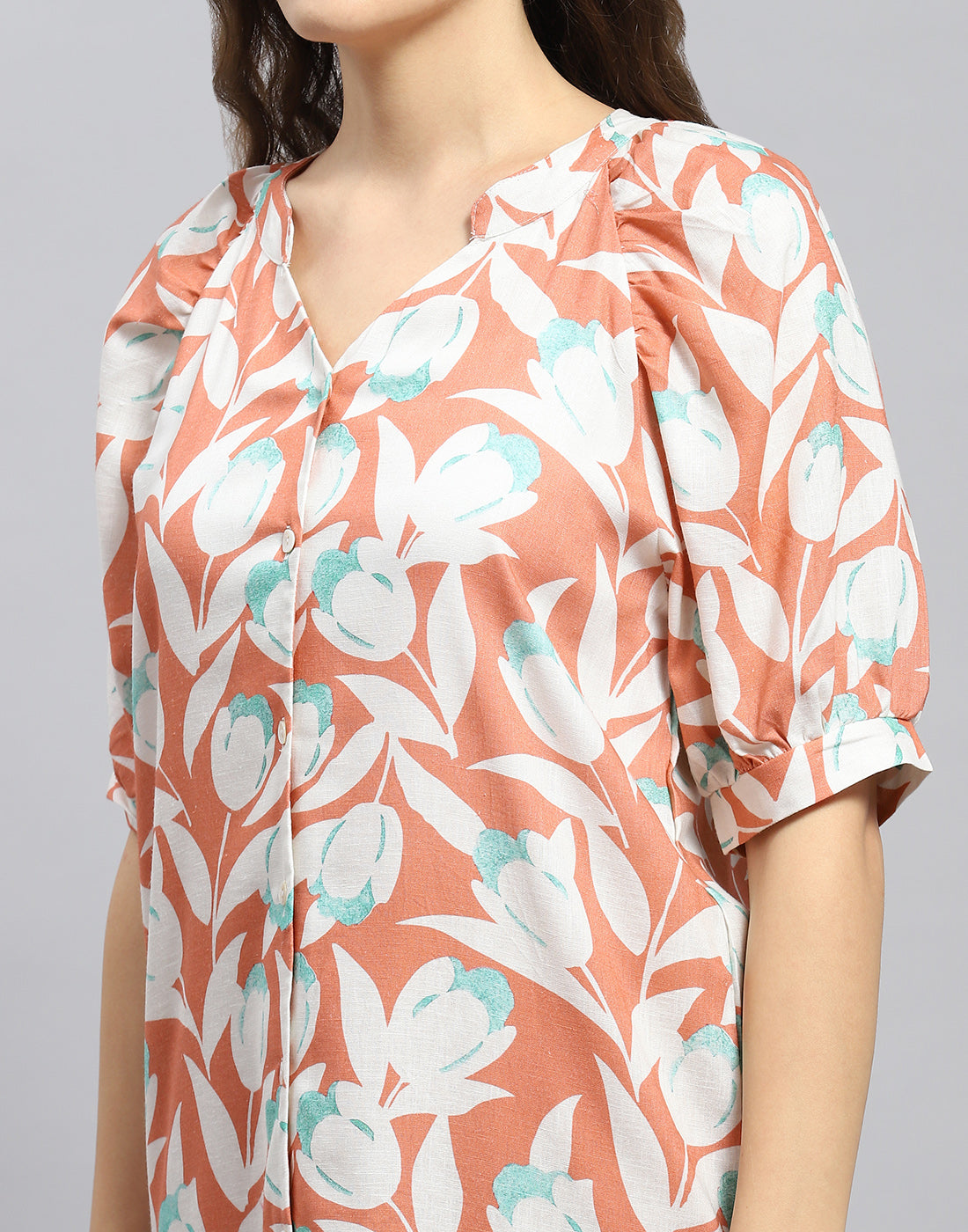 Women Rust Printed Mandarin Collar Short Sleeve Tunic