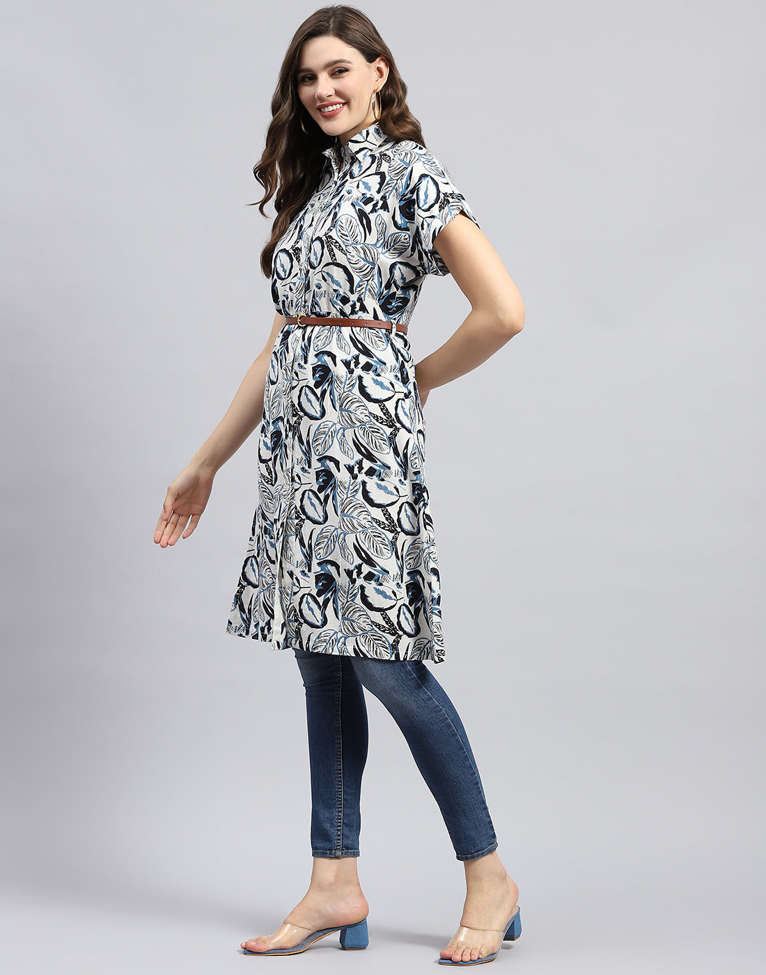 Women Navy Blue Printed Collar Half Sleeve Tunic