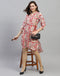 Women Red Floral Print V Neck 3/4 Sleeve Dress