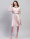 Women Pink Floral Print V Neck 3/4 Sleeve Dress