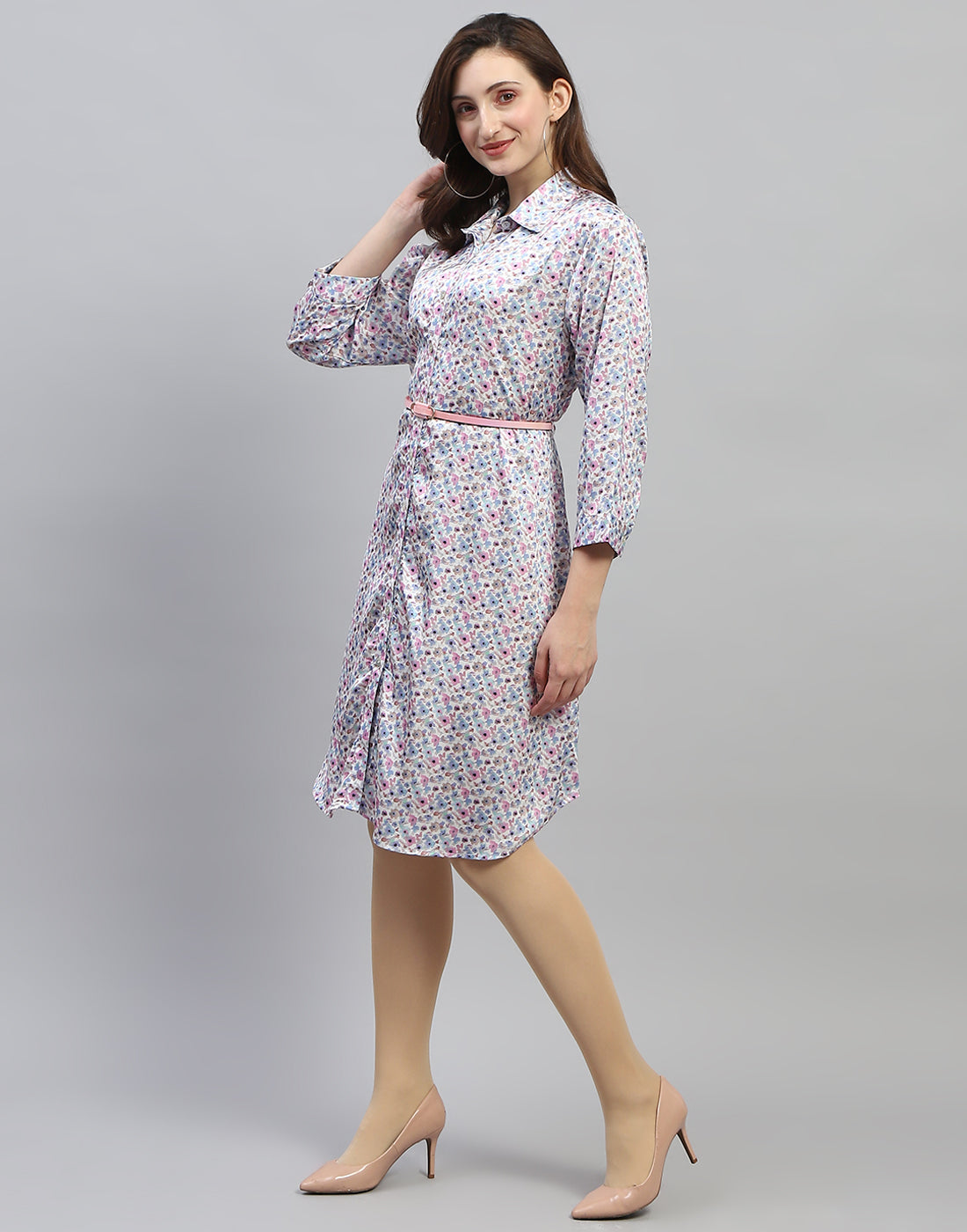 Women Off White Floral Print Collar Neck 3/4 Sleeve Dress