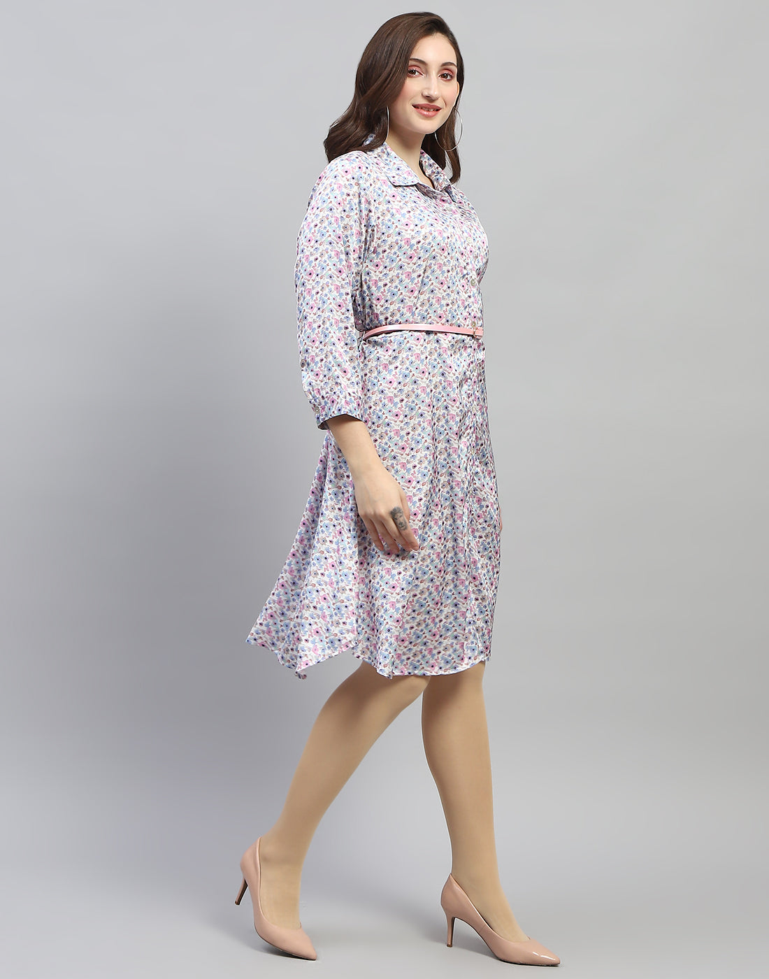 Women Off White Floral Print Collar Neck 3/4 Sleeve Dress