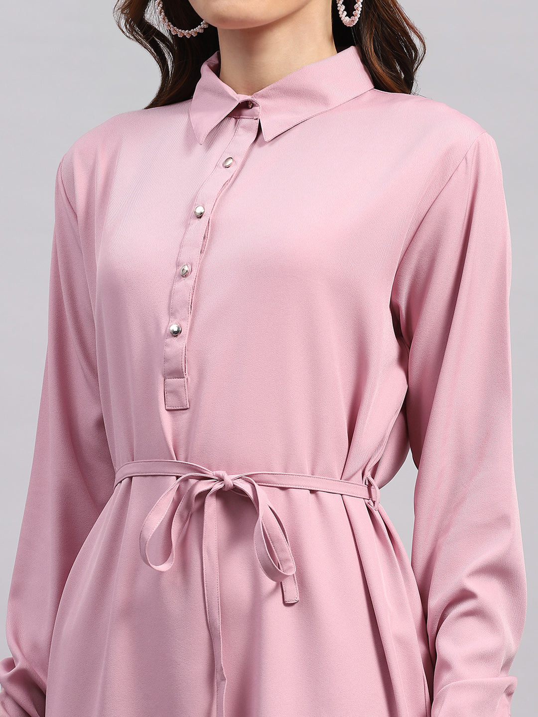 Women PINK Solid Collar Full Sleeve Tunic