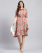 Women Peach Printed Collar Half Sleeve Dress