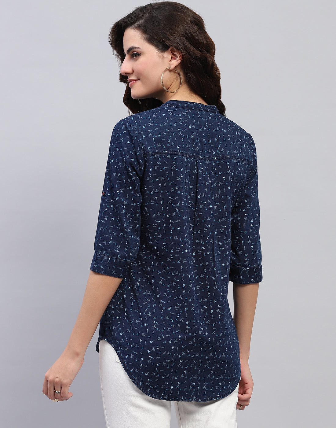 Women Navy Blue Printed Mandarin collar 3/4 Sleeve Top