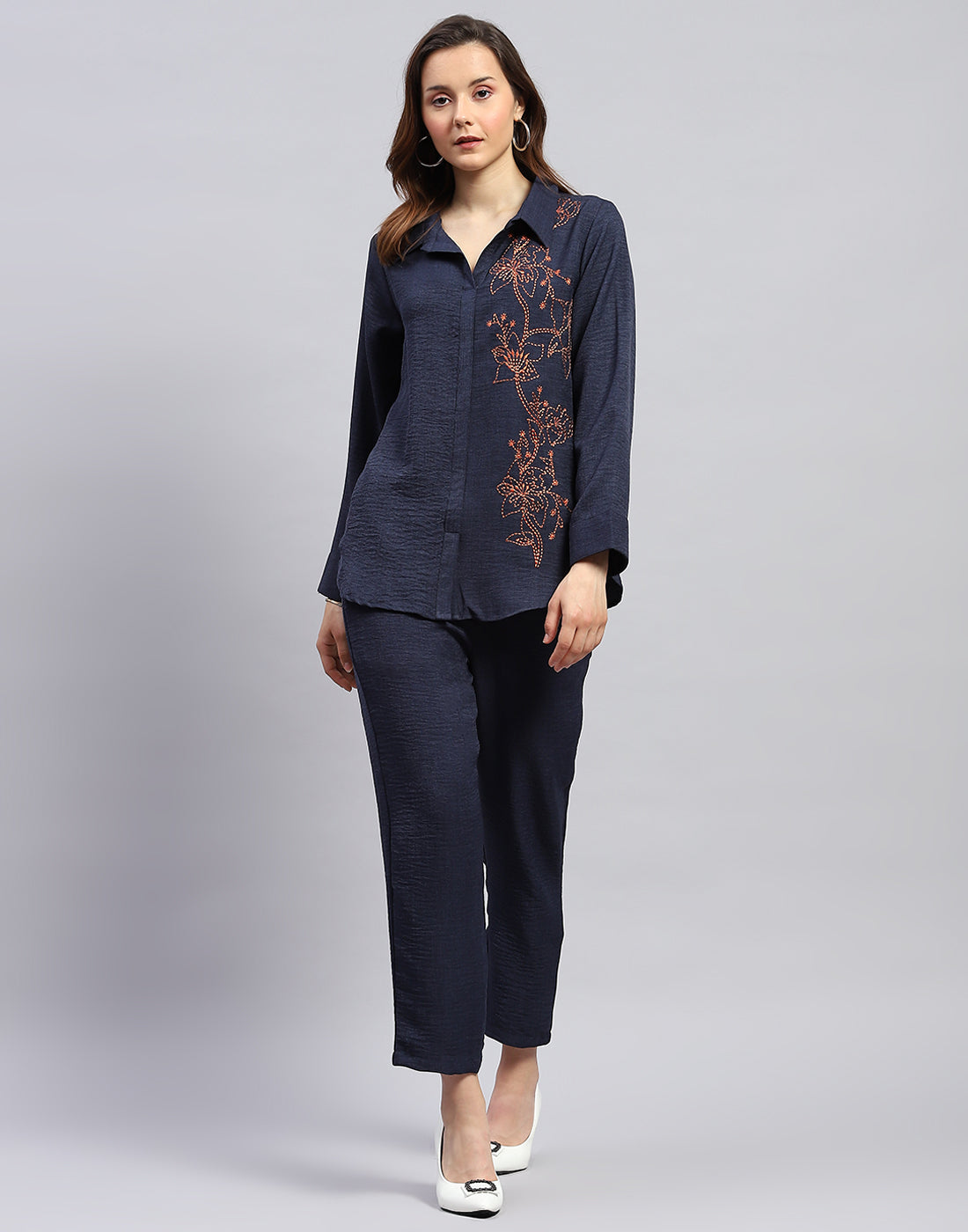 Women Navy Blue Floral Print Collar Neck Full Sleeve Cords Set